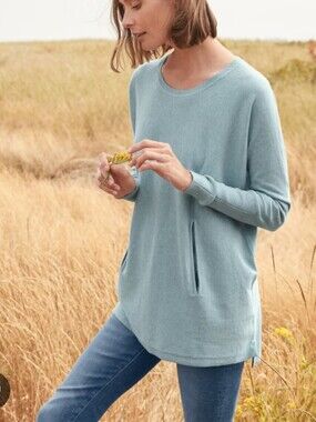 Garnet Hill Organic Cotton Pocket Detail Oversized Dusty Teal Crewneck Sweater M